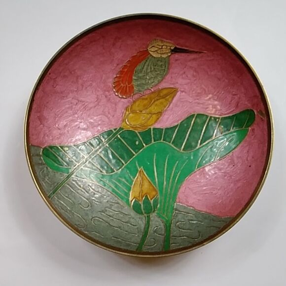 VTG,Cloisonne Brass Metal Enamel Hand Painted Hummingbird Flower Covered Bowl - Picture 4 of 15